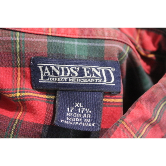 Lands' End Men Red Shirt Plaid Orange Long Sleeve Size XL - Picture 2 of 7